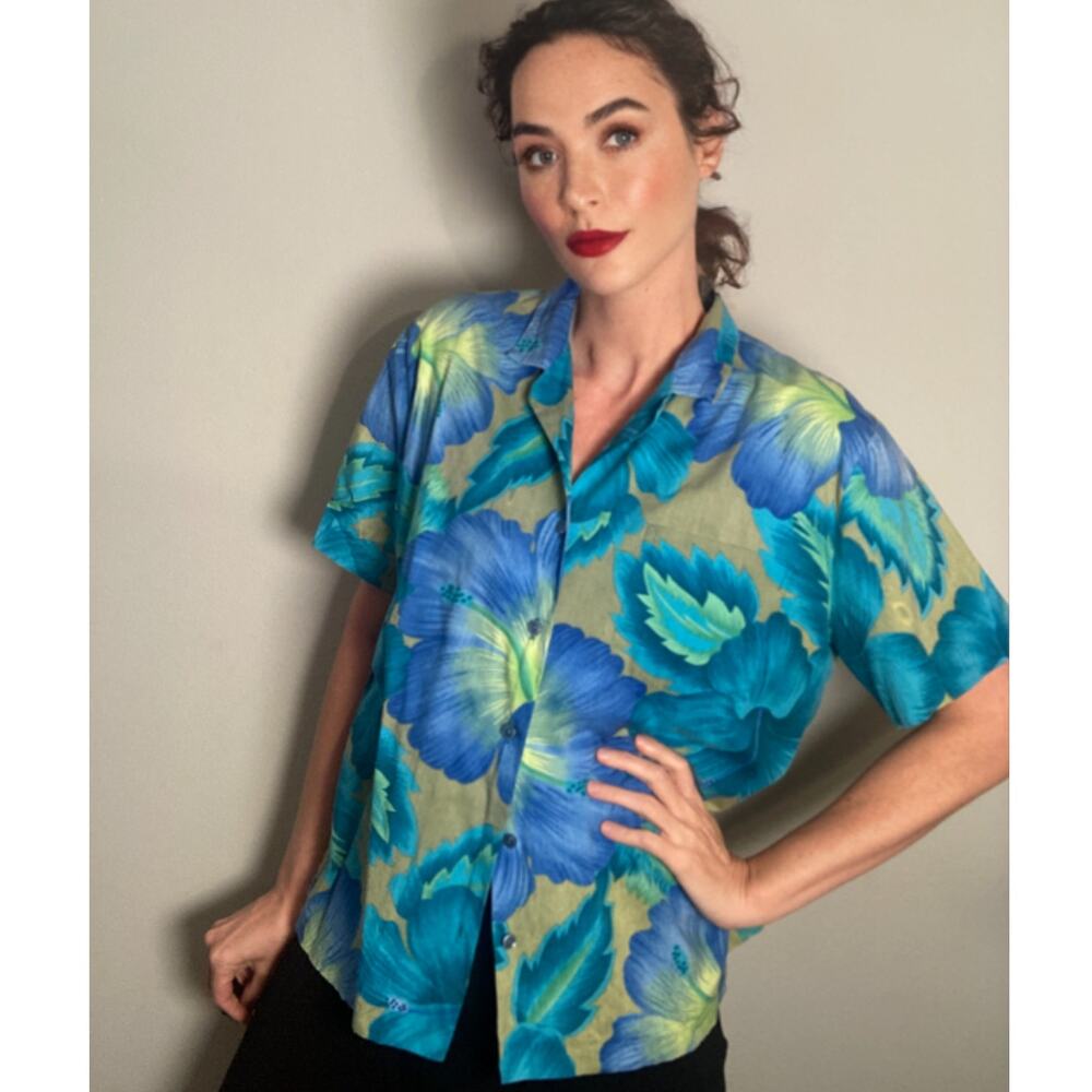 Hilo Hattie Hawaiian Shirt Blue & Green Cotton Tropical Palms ~ Sz M